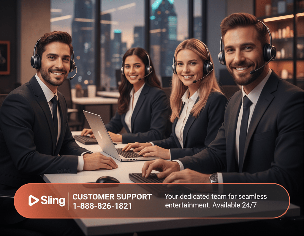 A person on the phone looking at a Sling TV billing statement, appearing to get a refund.